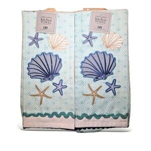 DII Embroidered Applique Sea Shells 2-pc Kitchen Towels Starfish Teal Blue White